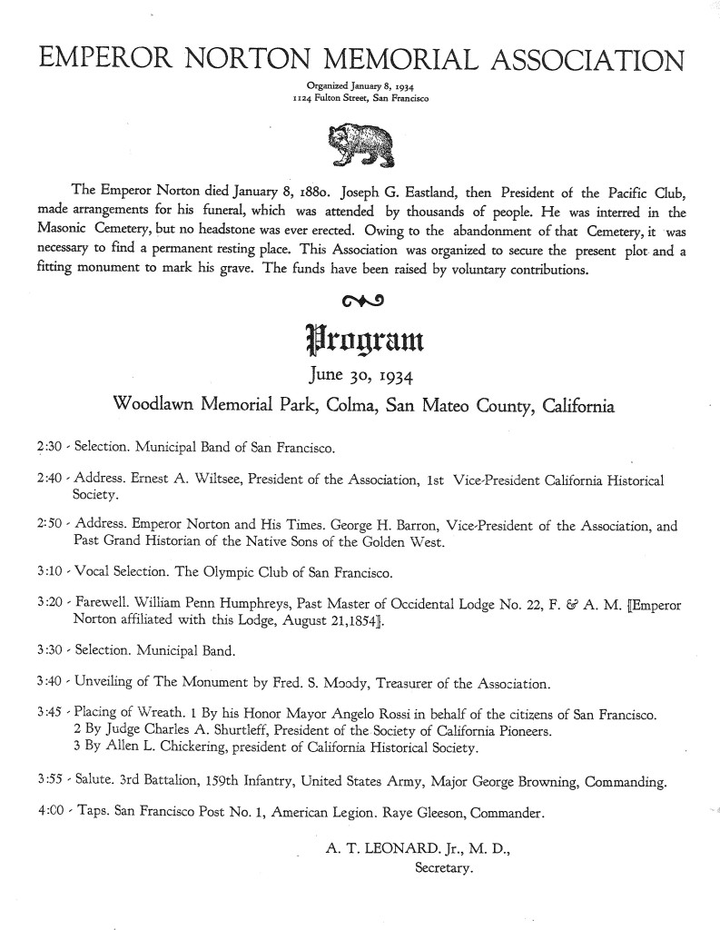 Actual Program for the re-burying of Joshua Norton. WS Archives