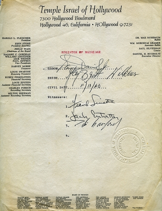 Sammy Davis Jr. & May Britt Wedding Certificate, 1961 (note 1960 mistake of handwritten date)