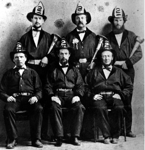 Tiger Engine Co #2, H. Levy standing left, Frank Sylvester in middle.